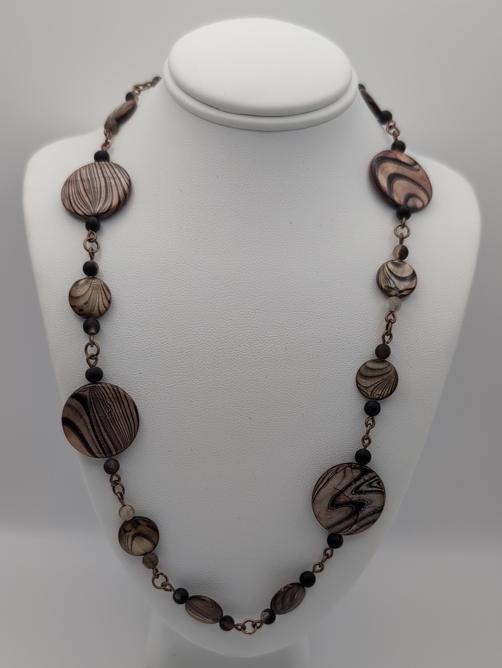 Handcrafted Shell & Agate Necklace - Brown, Black, Copper 17"
